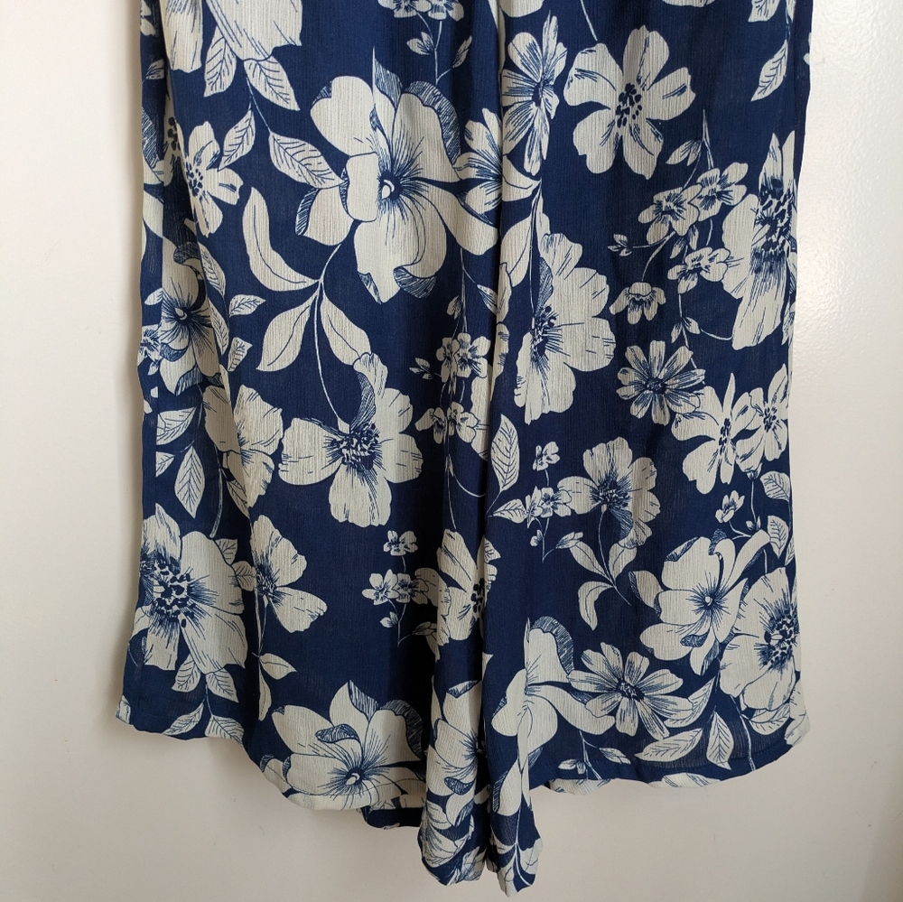 AUW Blue White Floral Tropical Wide Leg Jumpsuit w/ Pockets Shoulder Ties - Picture 11 of 16